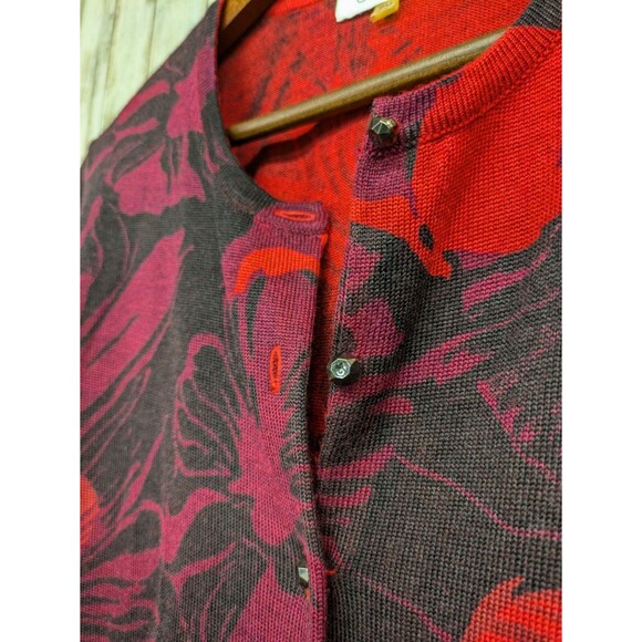 Calvin Klein Womens Cardigan Sweater PM Wool Blend Floral Dark Cottage Red Black - Picture 3 of 8